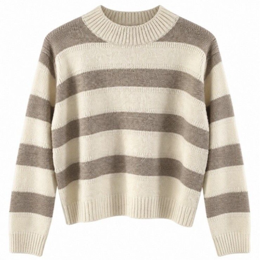 Vero Moda Women’s L Cream Taupe Striped Soft Knit Sweater Cozy Neutral Pullover